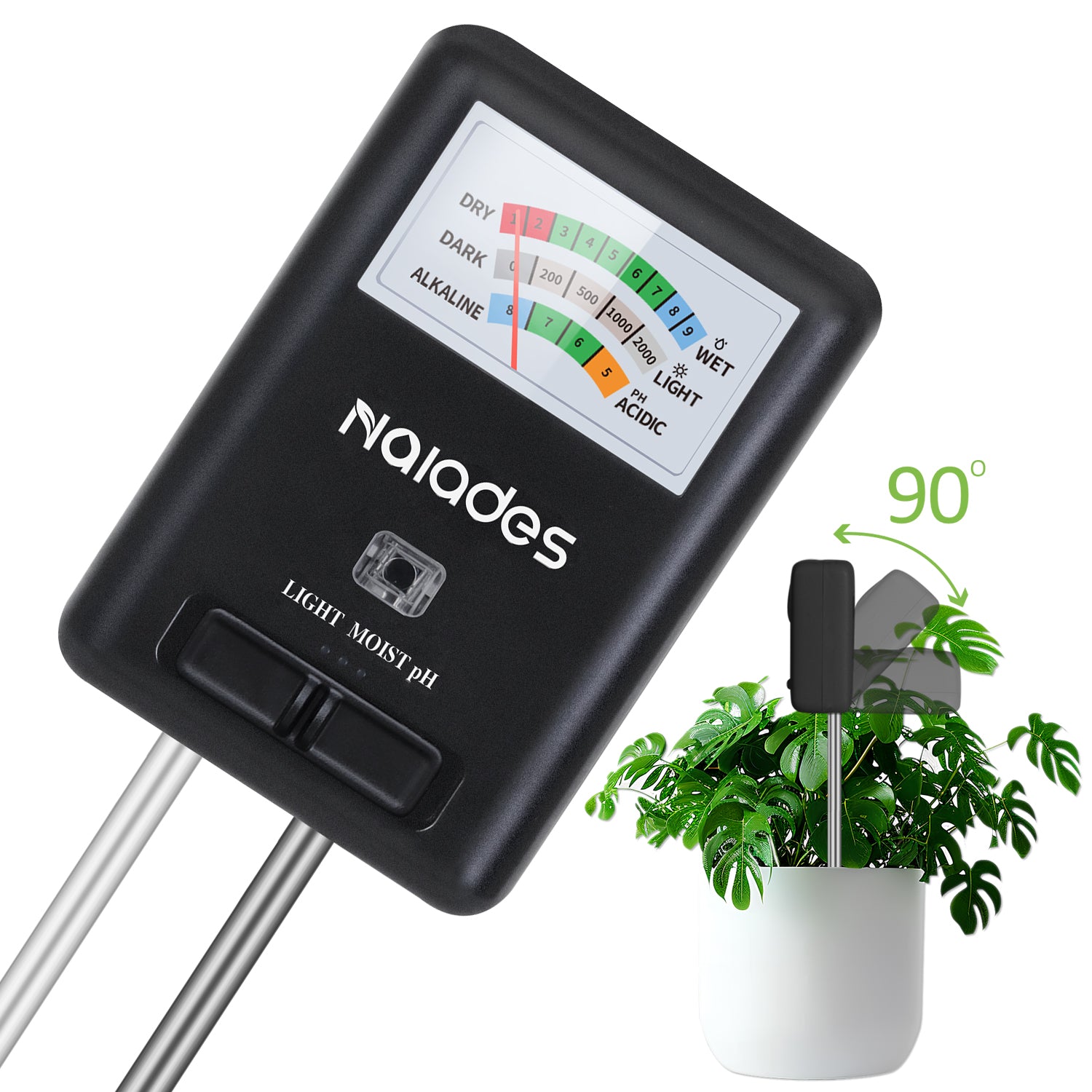 Naiades 3-in-1 Soil Moisture Meter Light and PH Tester for Indoor & Outdoor House Plants, Garden, Lawn, Farm (No Battery Needed)--P407