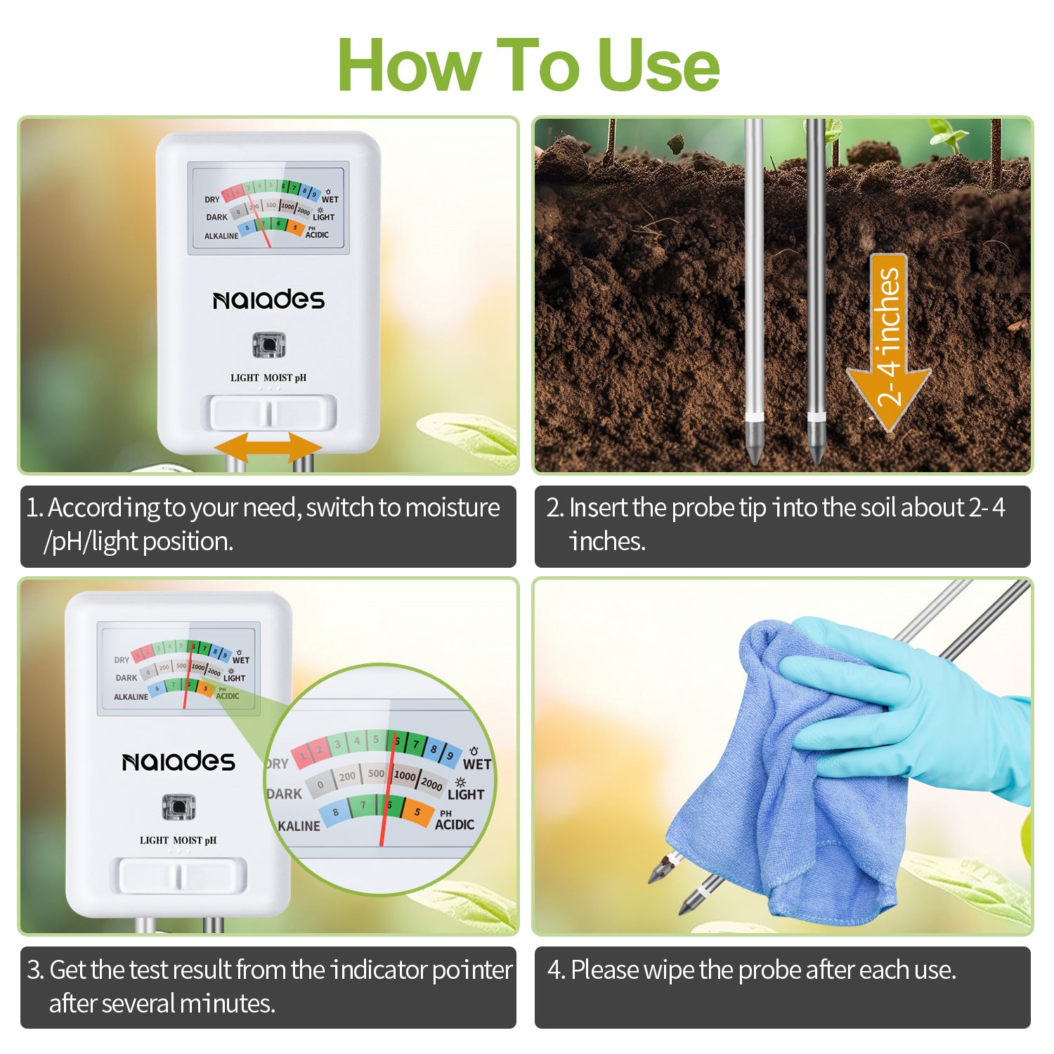 Naiades 3-in-1 Soil Moisture Meter Light and PH Tester for Indoor & Outdoor House Plants, Garden, Lawn, Farm (No Battery Needed)--P407
