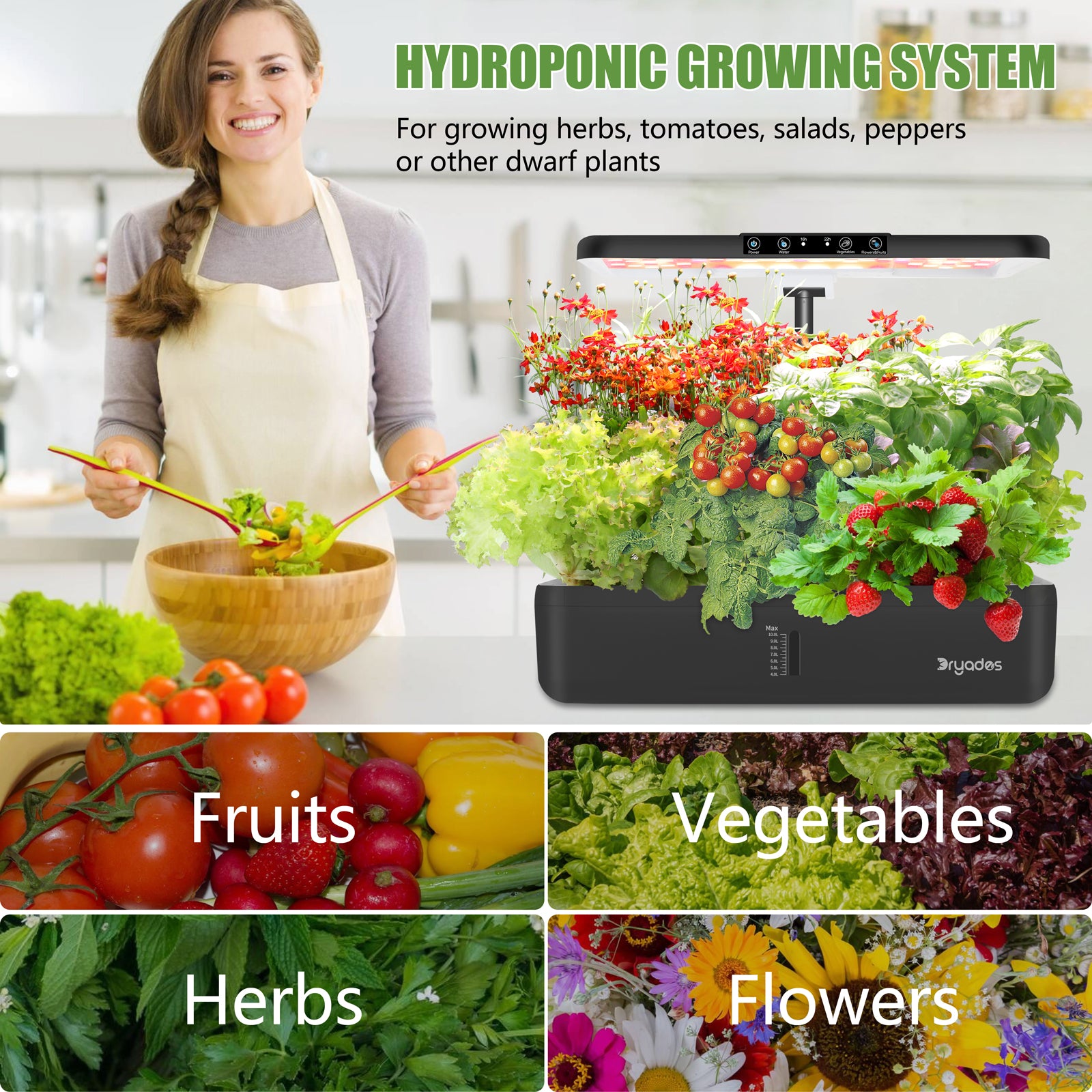 DRYADES 44 Pods Hydroponics Growing System, DRYADES Dual Layers Indoor Garden with LED Full Spectrum Grow Light, 2 × 13.3L Water Tanks, Height &amp; Angle Adjustable, Professional Smart Plant Germination Kits - Z243