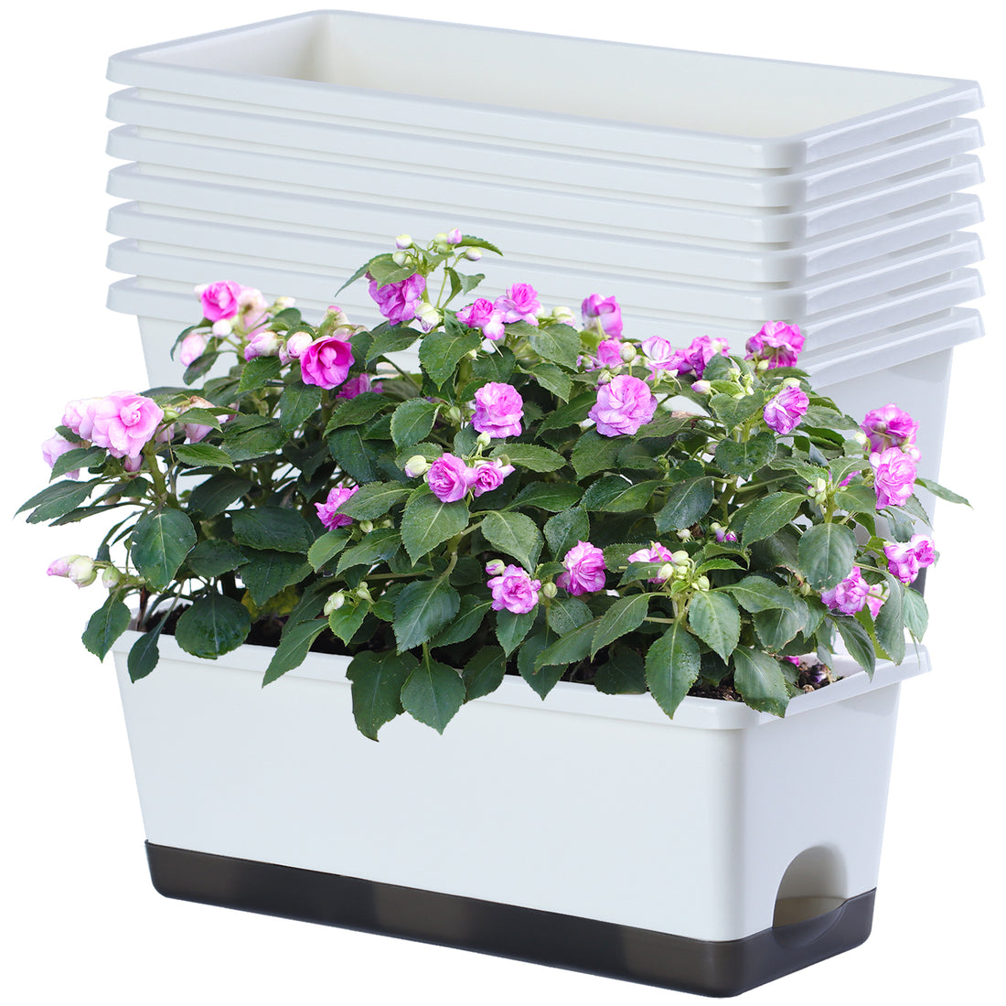 OLiz Window Box Planter 8 Pcs, 17 Inches Rectangle Flower Pots with Drainage Holes and Trays, Vegetable Planters for Windowsill Patio Garden Balcony Home Porch Yard Indoor Outdoor (White)--SC11