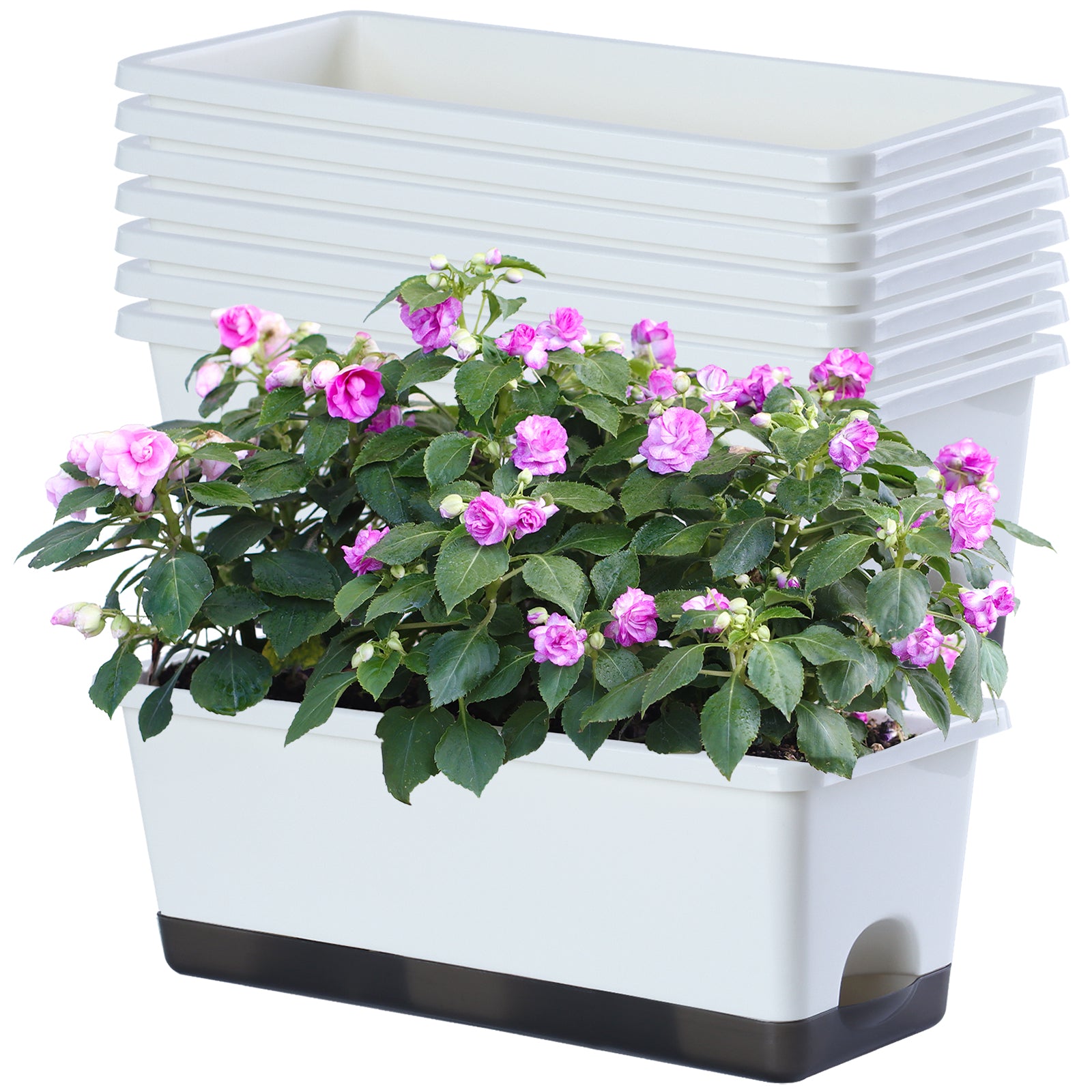 OLiz Window Box Planter 8 Pcs, 17 Inches Rectangle Flower Pots with Drainage Holes and Trays, Vegetable Planters for Windowsill Patio Garden Balcony Home Porch Yard Indoor Outdoor (White)--SC11