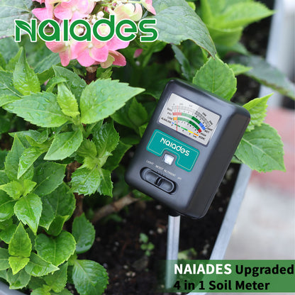 Naiades Soil Moisture Meter for Plants, 4-in-1 Soil pH Tester, Soil Tester for Moisture, Light, Nutrients, pH, Soil Ph Test Kit Water Meter for Indoor Plants &amp; Outdoor Garden, Lawn, Farm (No Battery Required) --Black P404