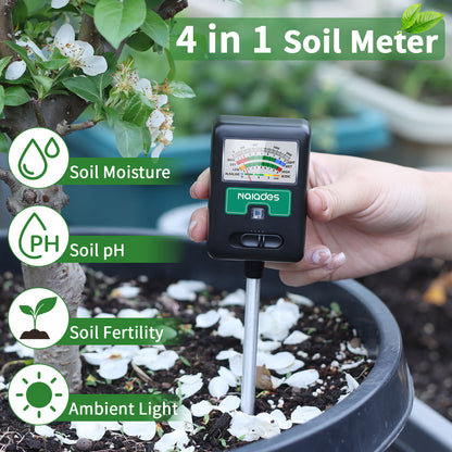 Naiades Soil Moisture Meter for Plants, 4-in-1 Soil pH Tester, Soil Tester for Moisture, Light, Nutrients, pH, Soil Ph Test Kit Water Meter for Indoor Plants &amp; Outdoor Garden, Lawn, Farm (No Battery Required) --Black P404