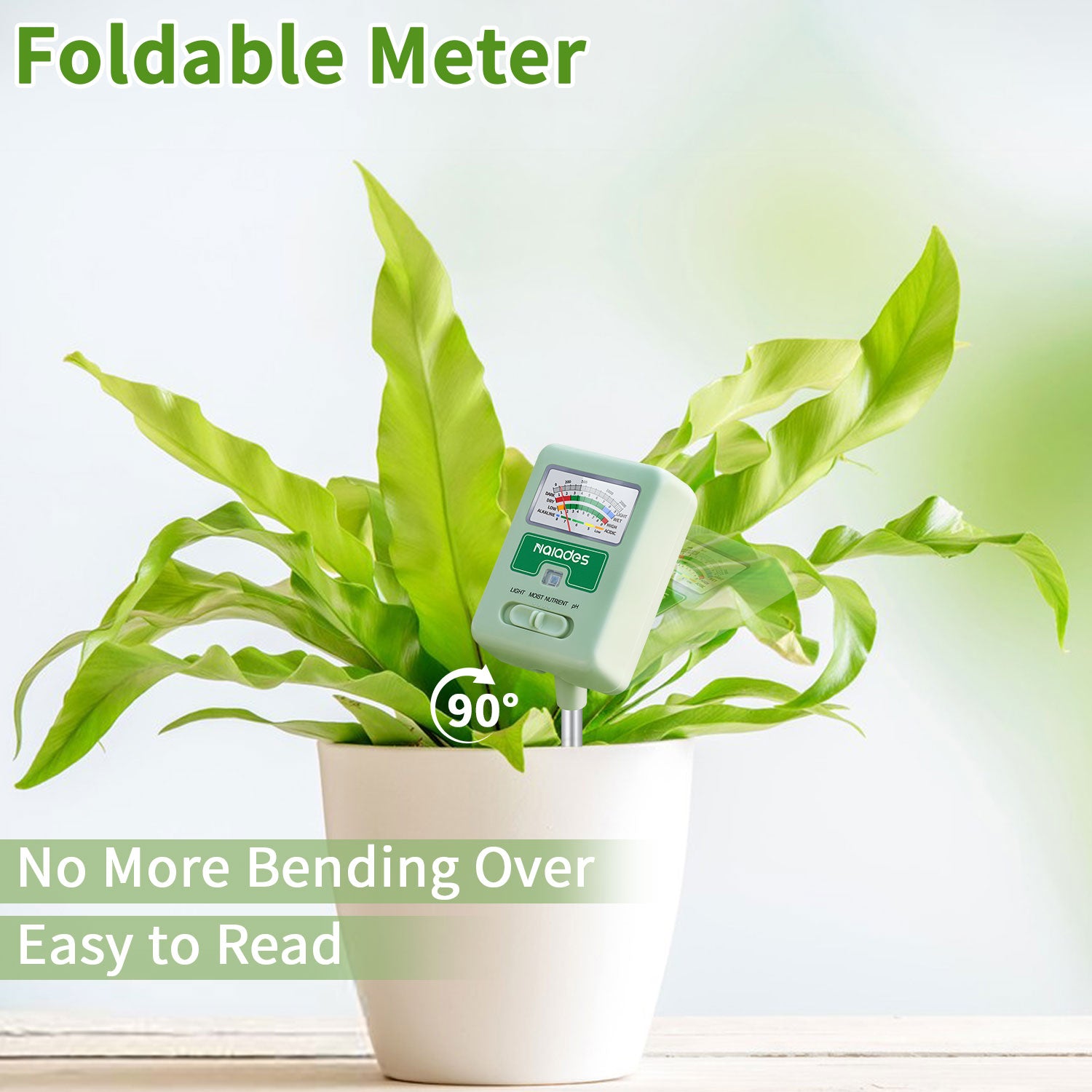 Naiades Soil Moisture Meter for Plants, 4-in-1 Soil pH Tester, Soil Tester for Moisture, Light, Nutrients, pH, Soil Ph Test Kit Water Meter for Indoor Plants &amp; Outdoor Garden, Lawn, Farm (No Battery Required) --Green P404