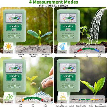 Naiades Soil Moisture Meter for Plants, 4-in-1 Soil pH Tester, Soil Tester for Moisture, Light, Nutrients, pH, Soil Ph Test Kit Water Meter for Indoor Plants &amp; Outdoor Garden, Lawn, Farm (No Battery Required) --Green P404