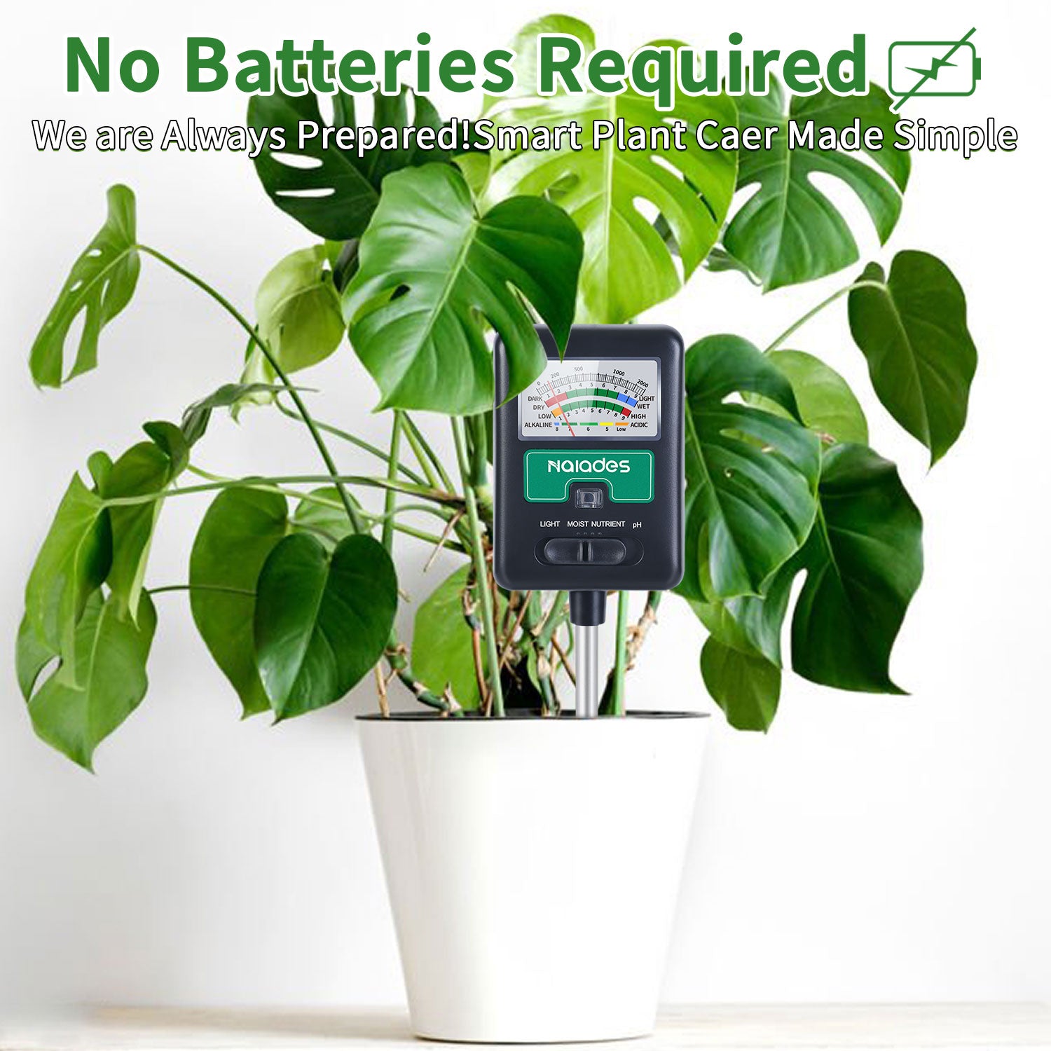 Naiades Soil Moisture Meter for Plants, 4-in-1 Soil pH Tester, Soil Tester for Moisture, Light, Nutrients, pH, Soil Ph Test Kit Water Meter for Indoor Plants &amp; Outdoor Garden, Lawn, Farm (No Battery Required) --Black P404