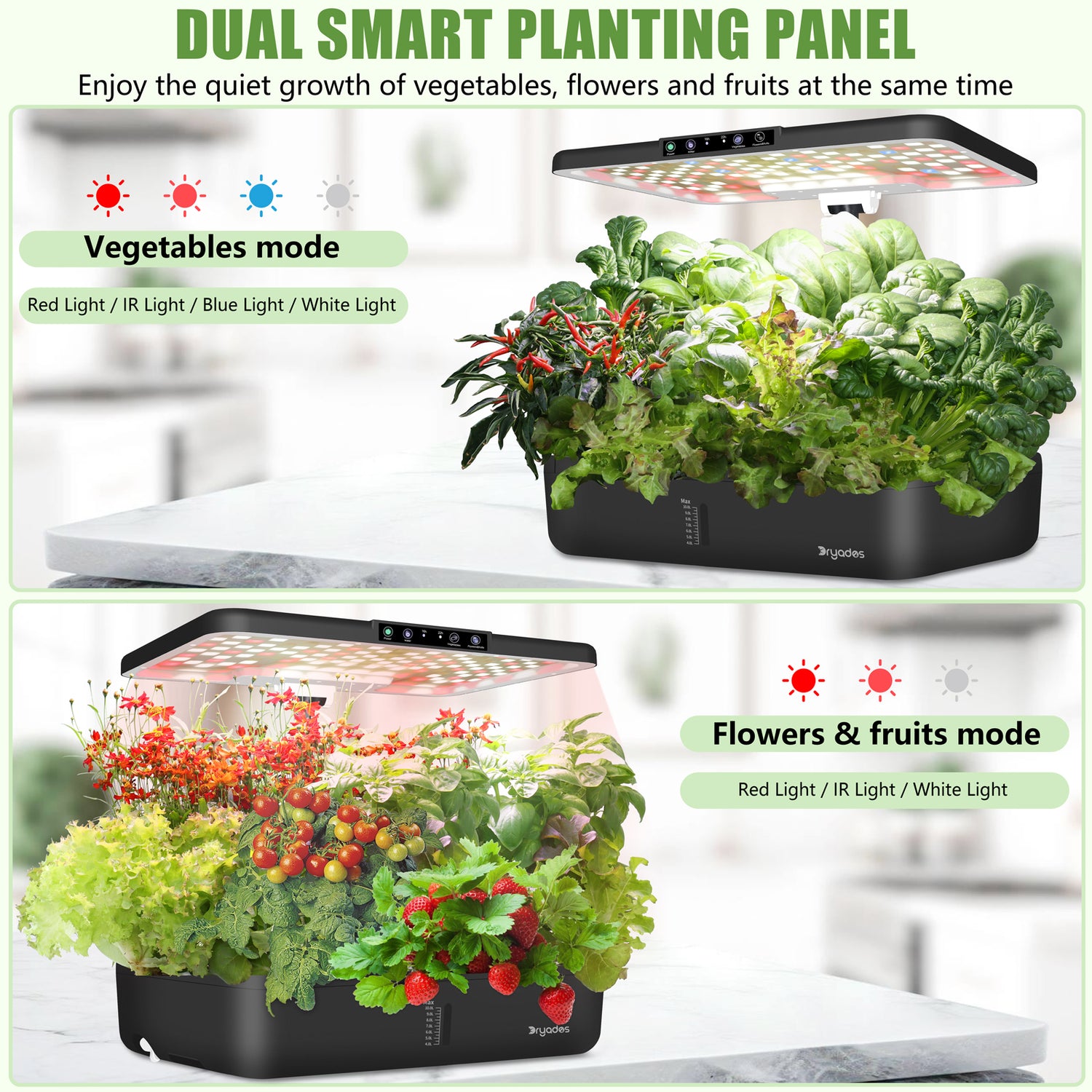 DRYADES 44 Pods Hydroponics Growing System, DRYADES Dual Layers Indoor Garden with LED Full Spectrum Grow Light, 2 × 13.3L Water Tanks, Height &amp; Angle Adjustable, Professional Smart Plant Germination Kits - Z243