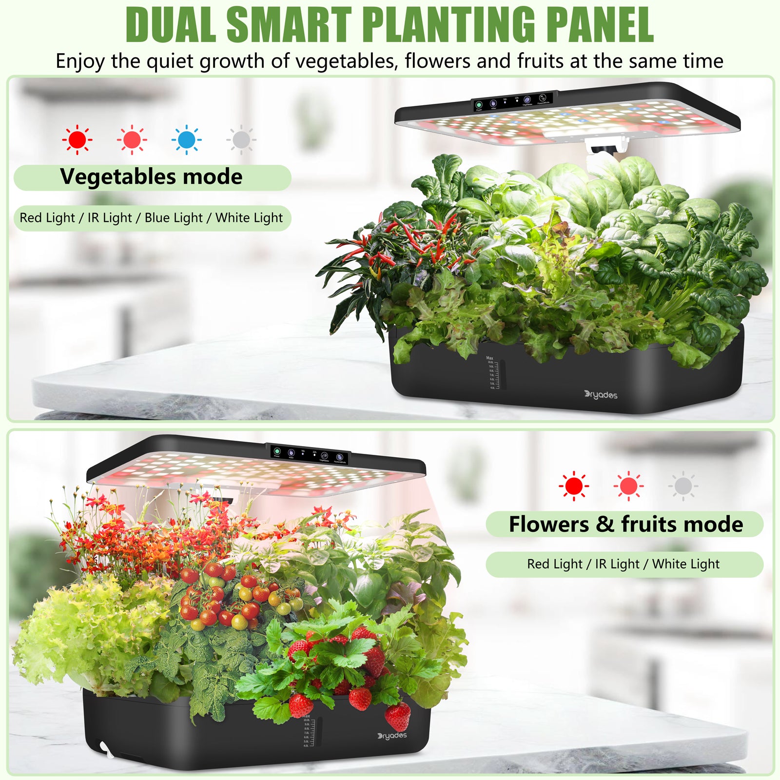 DRYADES 44 Pods Hydroponics Growing System, DRYADES Dual Layers Indoor Garden with LED Full Spectrum Grow Light, 2 × 13.3L Water Tanks, Height &amp; Angle Adjustable, Professional Smart Plant Germination Kits - Z243