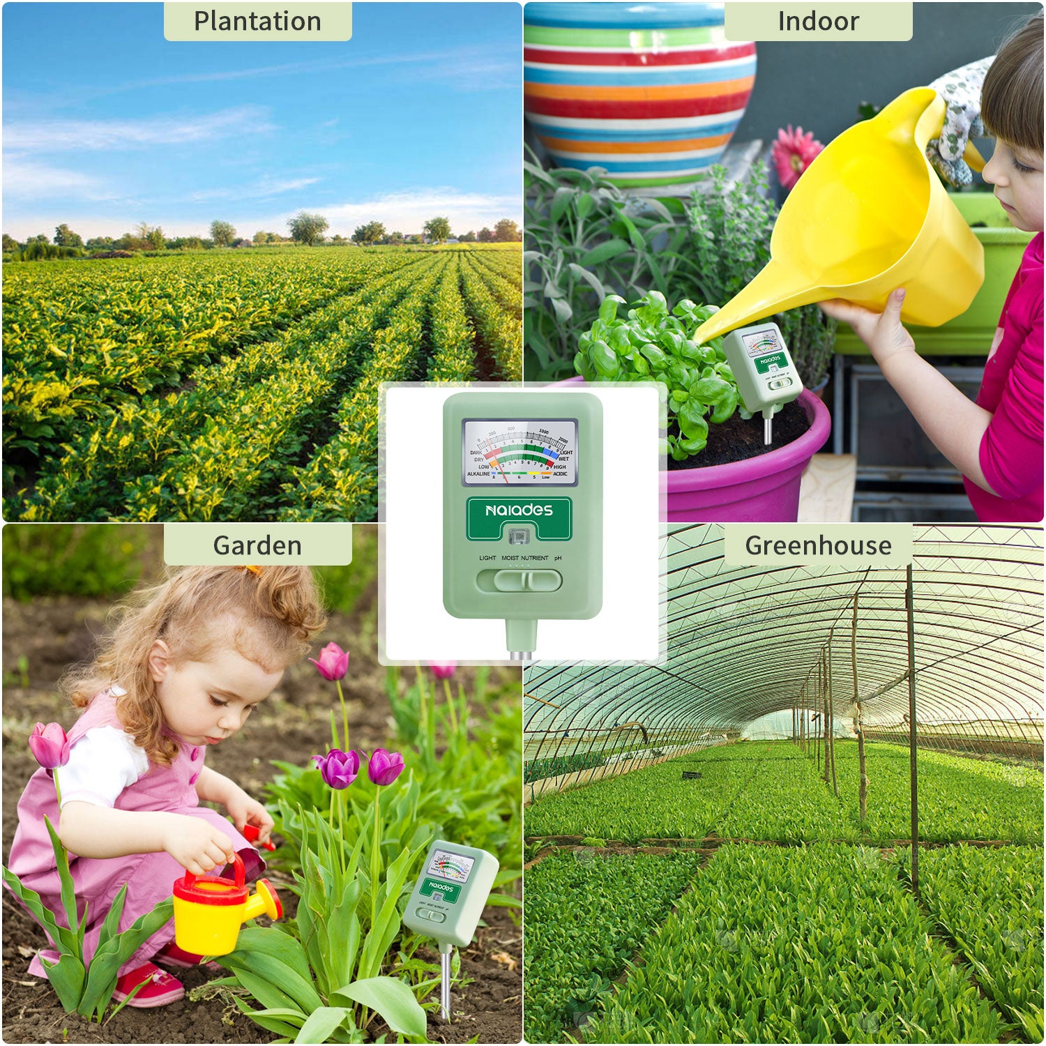 Naiades Soil Moisture Meter for Plants, 4-in-1 Soil pH Tester, Soil Tester for Moisture, Light, Nutrients, pH, Soil Ph Test Kit Water Meter for Indoor Plants &amp; Outdoor Garden, Lawn, Farm (No Battery Required) --Green P404