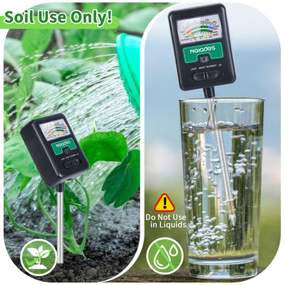 Naiades Soil Moisture Meter for Plants, 4-in-1 Soil pH Tester, Soil Tester for Moisture, Light, Nutrients, pH, Soil Ph Test Kit Water Meter for Indoor Plants &amp; Outdoor Garden, Lawn, Farm (No Battery Required) --Black P404