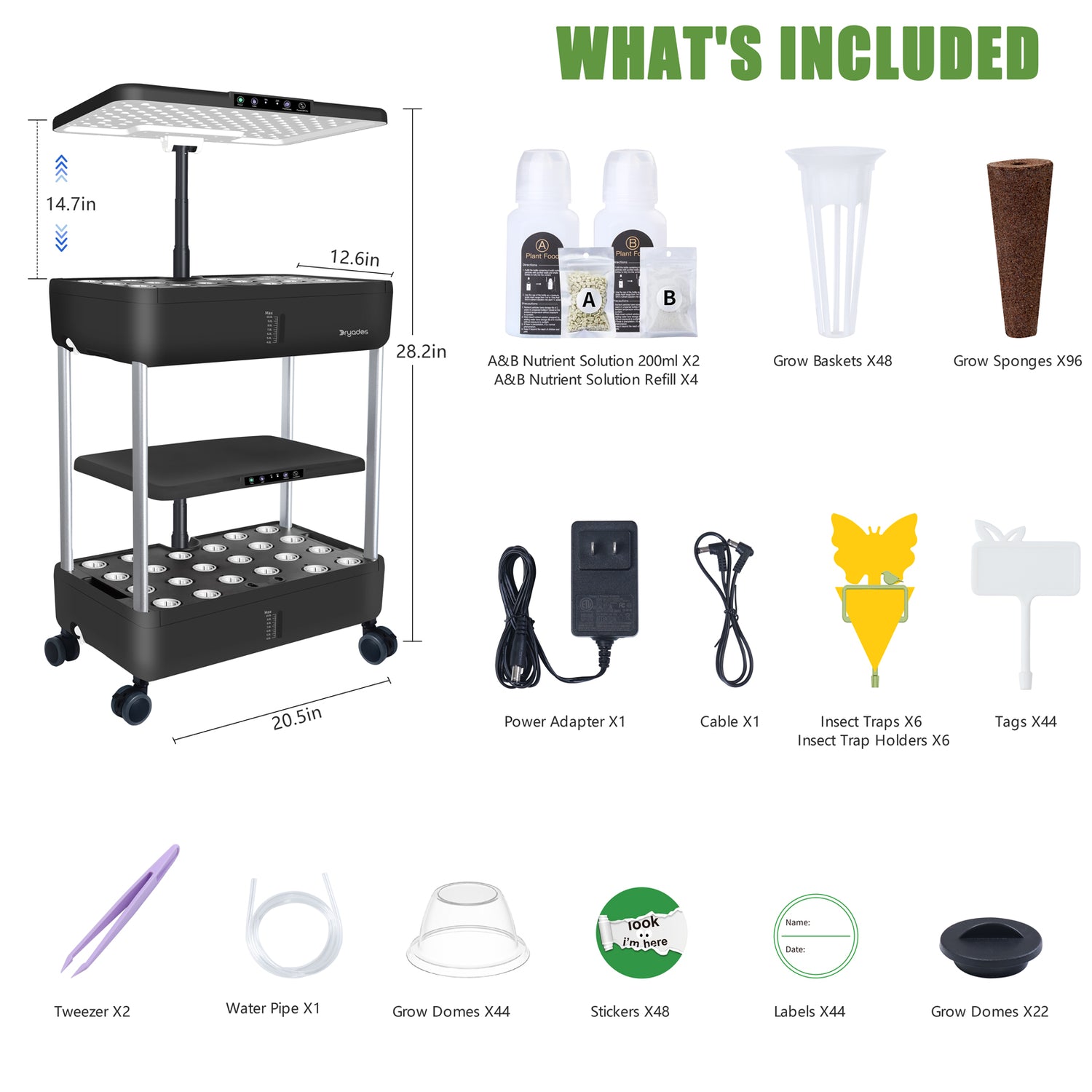 DRYADES 44 Pods Hydroponics Growing System, DRYADES Dual Layers Indoor Garden with LED Full Spectrum Grow Light, 2 × 13.3L Water Tanks, Height &amp; Angle Adjustable, Professional Smart Plant Germination Kits - Z243