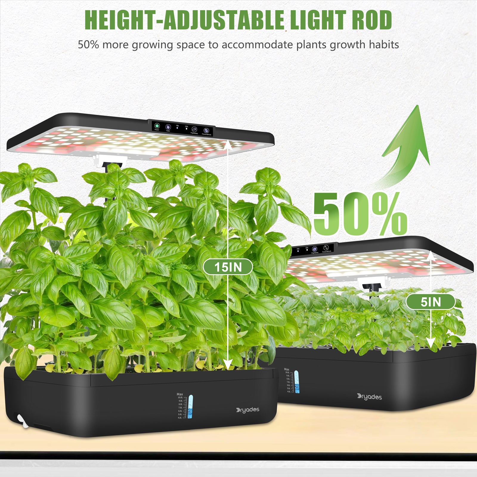 DRYADES 44 Pods Hydroponics Growing System, DRYADES Dual Layers Indoor Garden with LED Full Spectrum Grow Light, 2 × 13.3L Water Tanks, Height &amp; Angle Adjustable, Professional Smart Plant Germination Kits - Z243