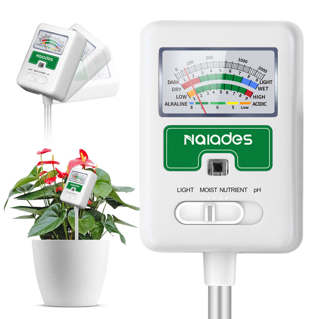 Naiades Soil Moisture Meter for Plants, 4-in-1 Soil pH Tester, Soil Tester for Moisture, Light, Nutrients, pH, Soil Ph Test Kit Water Meter for Indoor Plants &amp; Outdoor Garden, Lawn, Farm (No Battery Required) --White  P404
