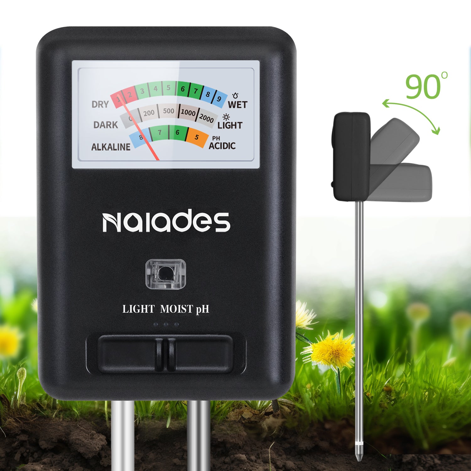 Naiades 3-in-1 Soil Moisture Meter Light and PH Tester for Indoor &amp; Outdoor House Plants, Garden, Lawn, Farm (No Battery Needed)--P407