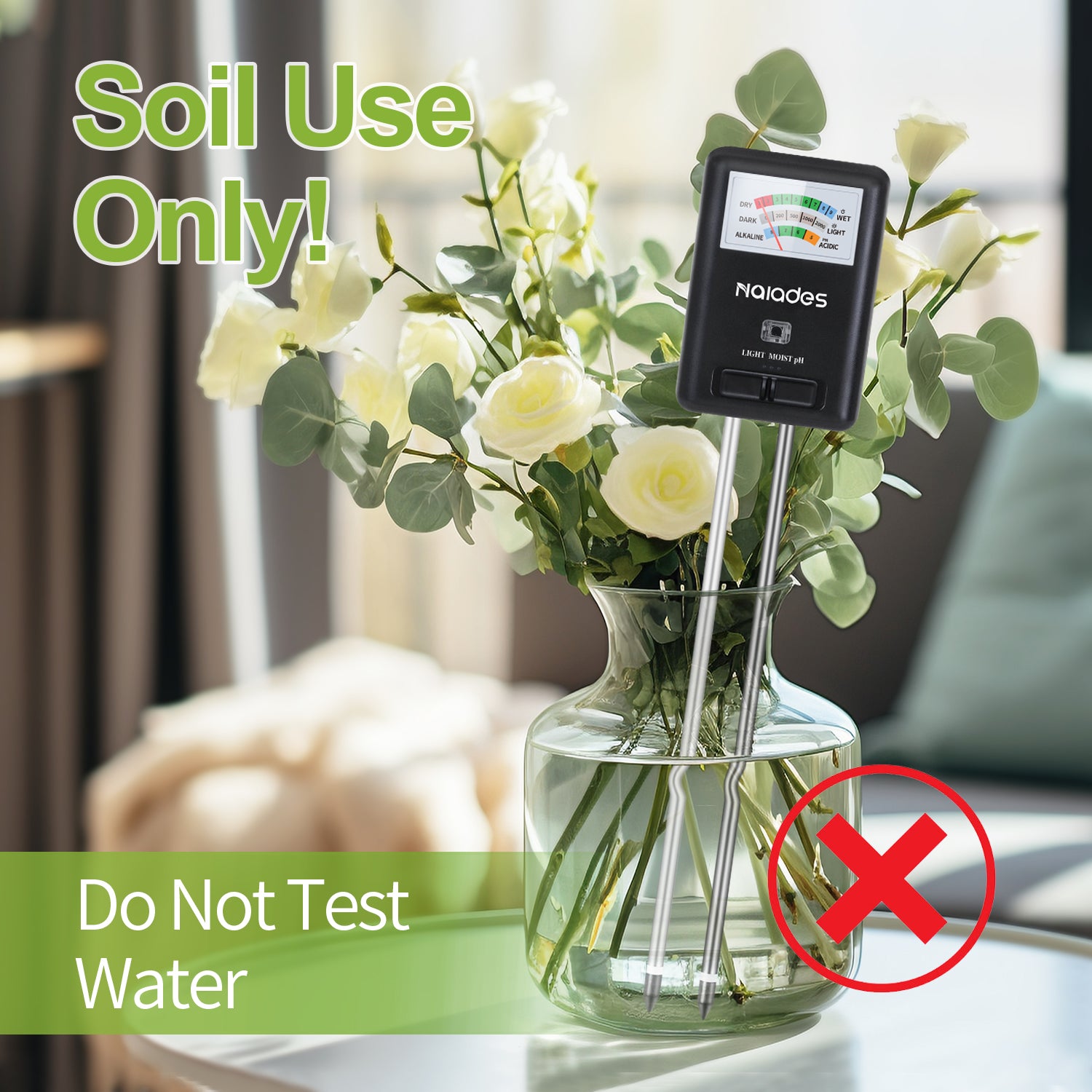 Naiades 3-in-1 Soil Moisture Meter Light and PH Tester for Indoor &amp; Outdoor House Plants, Garden, Lawn, Farm (No Battery Needed)--P407